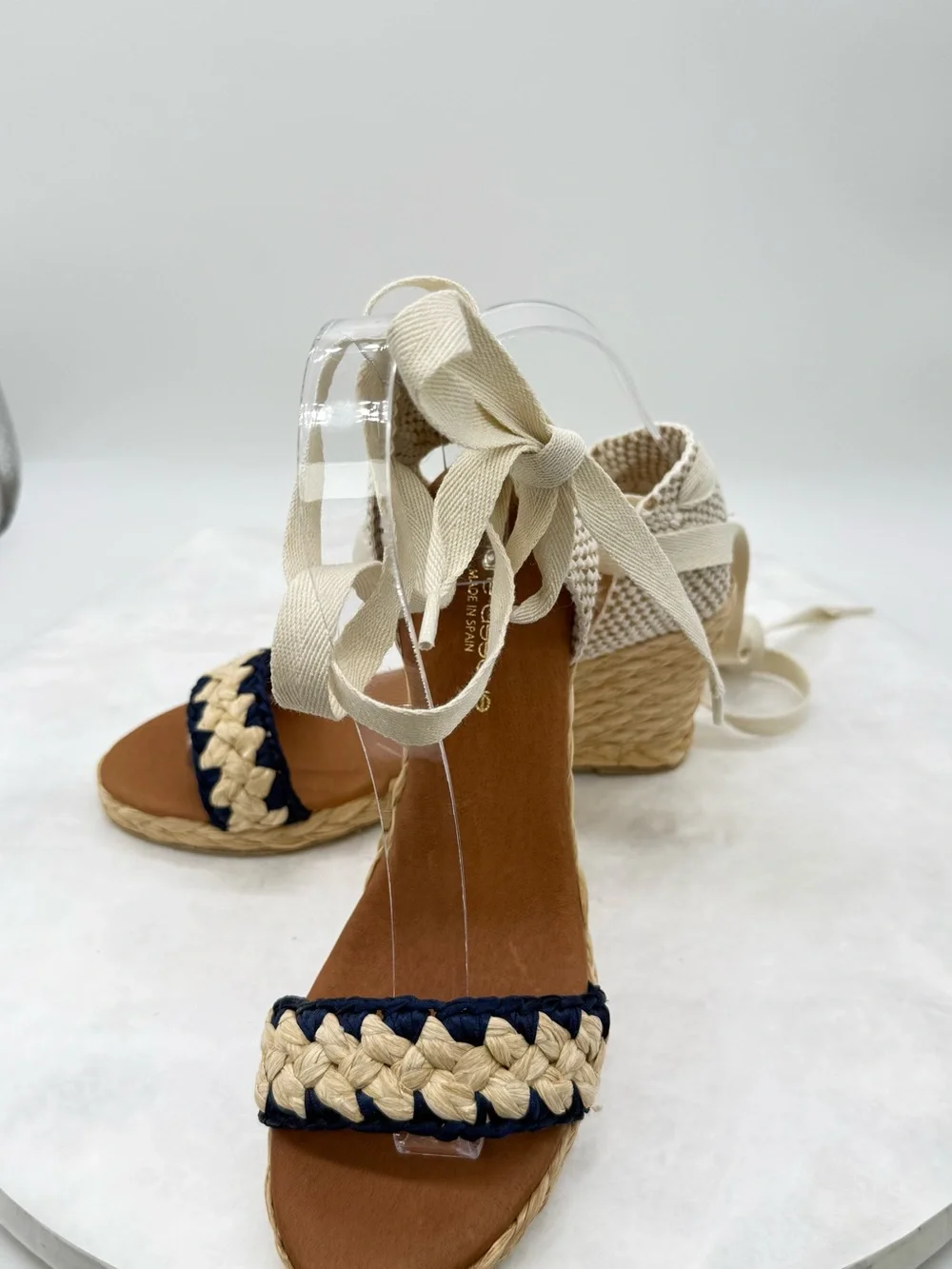 New Braided Espadrille Platform Wedges with Ankle Tie - Cream & Navy